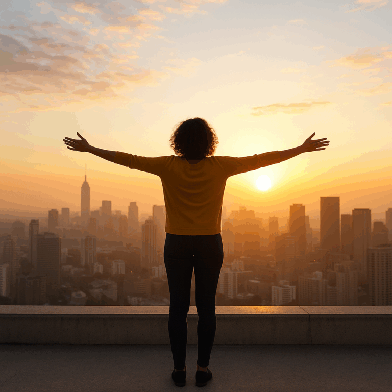 Person standing on a rooftop at sunrise with arms open wide, symbolizing confidence, clarity, and a purpose-driven launch